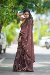Brown mul cotton block printed saree