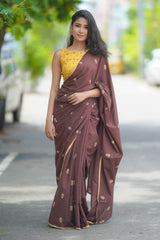 Brown mul cotton block printed saree