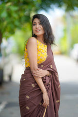 Brown mul cotton block printed saree
