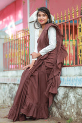 Brown plain ruffles mul cotton saree