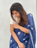 Indigo mul cotton block printed saree