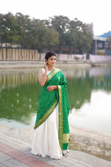 Off white and green malai silk lehanga