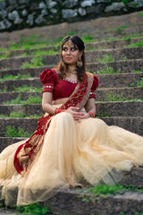 Gold Maroon pearl net embroidery lehenga