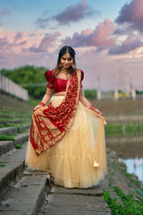 Gold Maroon pearl net embroidery lehenga