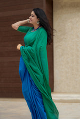 Green Blue mul cotton plain saree