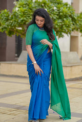 Green Blue mul cotton plain saree