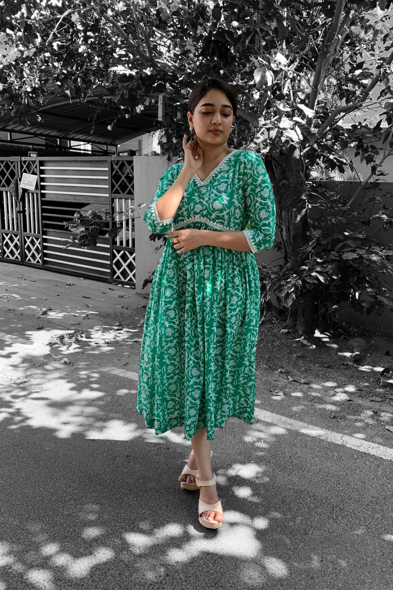 Green Floral Cotton maxi Dress