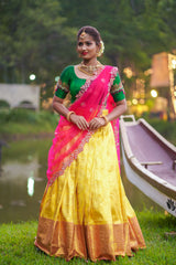 Green Yellow Embroidery Silk lehenga