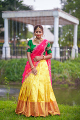 Green Yellow Embroidery Silk lehenga