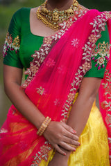 Green Yellow Embroidery Silk lehenga