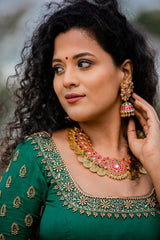 Green Hand Embroidered organza anarkali - YoshnasByEla