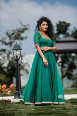 Green Hand Embroidered organza anarkali - YoshnasByEla