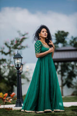 Green Hand Embroidered organza anarkali - YoshnasByEla