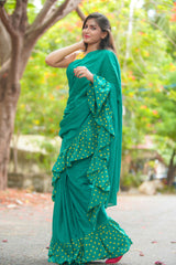 Green mul cotton block printed ruffles saree