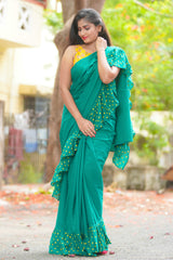 Green mul cotton block printed ruffles saree