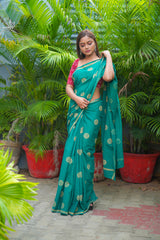 Green mul cotton block printed saree