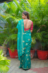 Green mul cotton block printed saree