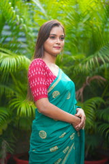 Green mul cotton block printed saree