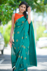 Green mul cotton block printed saree