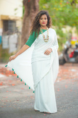 Green mul cotton plain saree