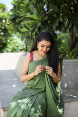 Green mul cotton plain saree