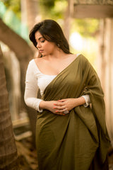 Green mul cotton plain saree