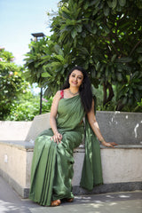 Green mul cotton plain saree