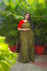 Green plain mul cotton saree
