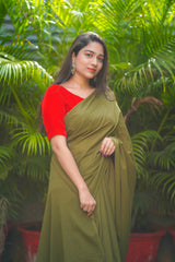 Green plain mul cotton saree
