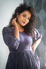 Grey Pink Embroidery Mul cotton dress (Top)