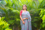 Grey and Pink mul cotton block printed saree