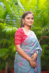 Grey and Pink mul cotton block printed saree