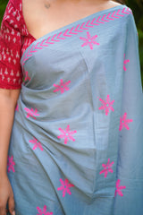 Grey and Pink mul cotton block printed saree