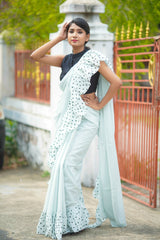 Grey mul cotton block printed ruffles saree