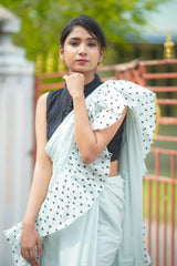 Grey mul cotton block printed ruffles saree