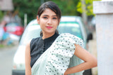 Grey mul cotton block printed ruffles saree