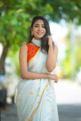 Grey mul cotton block printed saree