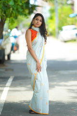 Grey mul cotton block printed saree