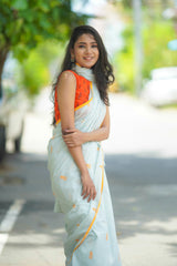 Grey mul cotton block printed saree