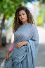 Grey mul cotton plain saree