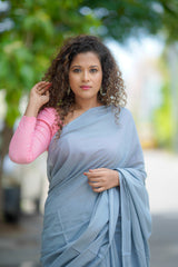 Grey mul cotton plain saree