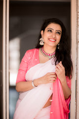 off white and Pink shaded mul cotton saree