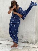 Indigo mul cotton block printed saree