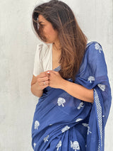 Indigo mul cotton block printed saree