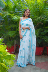 Light Grey & Blue mul cotton block printed saree