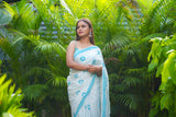 Light Grey & Blue mul cotton block printed saree