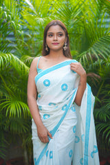 Light Grey & Blue mul cotton block printed saree
