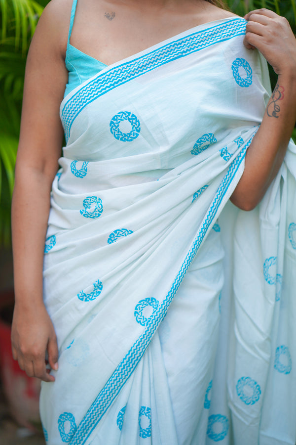 Light Grey & Blue mul cotton block printed saree