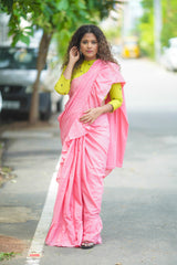 Pink mul cotton plain ruffles saree