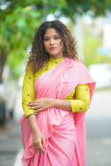 Pink mul cotton plain ruffles saree